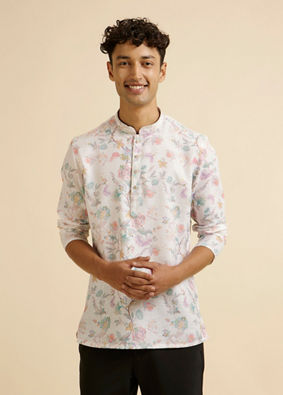 alt message - Manyavar Men Warm White Floral Print Short Kurta image number 0